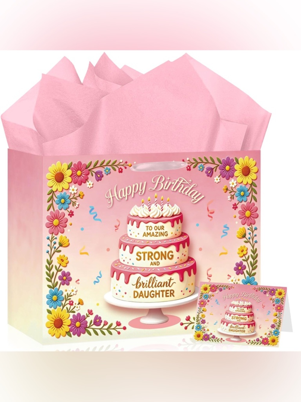 Happy Birthday Strong and Brilliant Daughter Pink Gift Bag with Card